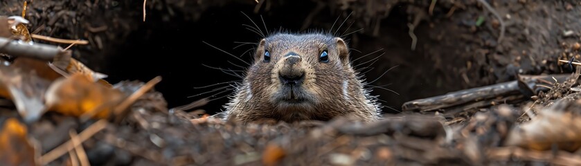 Groundhog peeking out of its burrow, curious expression
