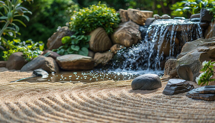 A serene Japanese garden with a small waterfall, lush greenery, and meticulously raked sand, creating a peaceful and harmonious ambiance