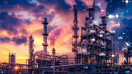 Refinery with digital data visualization, heavy industry digital transformation concept.