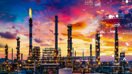 Refinery with digital data visualization, heavy industry digital transformation concept.