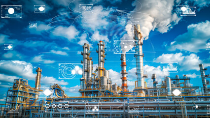 Refinery with digital data visualization, heavy industry digital transformation concept.