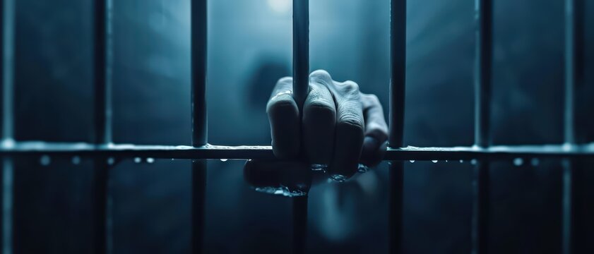 Hand Gripping Prison Bars in Dark Cell with Dramatic Lighting and Shadows