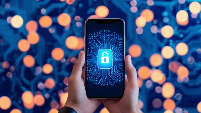 A hand holding a smartphone with a padlock icon on the screen.