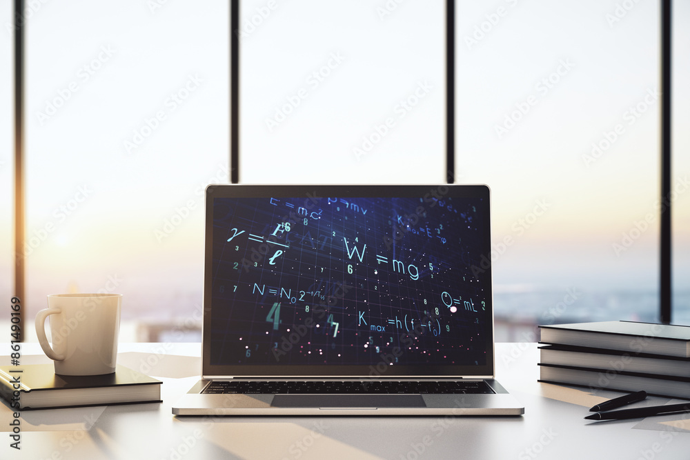 Poster creative scientific formula concept on modern laptop screen. 3d rendering