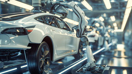 Fototapeta premium Futuristic electric car automated robot arm assembly line manufacturing