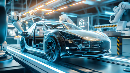 Fototapeta premium Futuristic electric car automated robot arm assembly line manufacturing