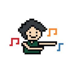 Fototapeta premium Cute pixel cartoon 8bit character man exercises training dance lifestyle vector decoration life style 8 bit male boy dance with music game fitness isolated vector.