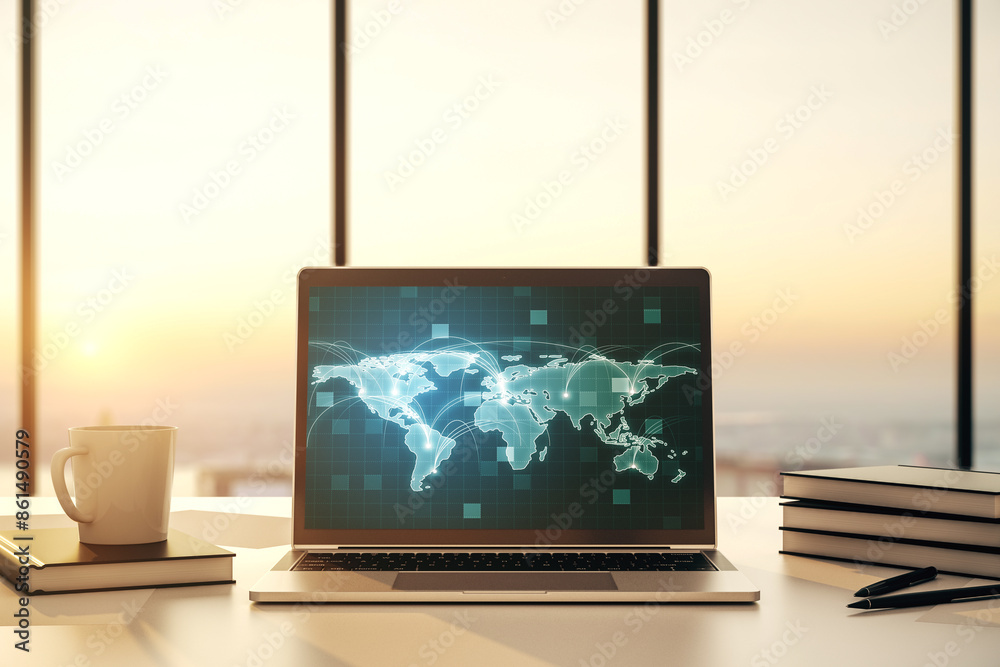 Fototapete computer monitor with abstract graphic digital world map with connections, globalization concept. 3d