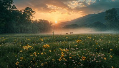 horses grazing in a field of wildflowers at sunrise