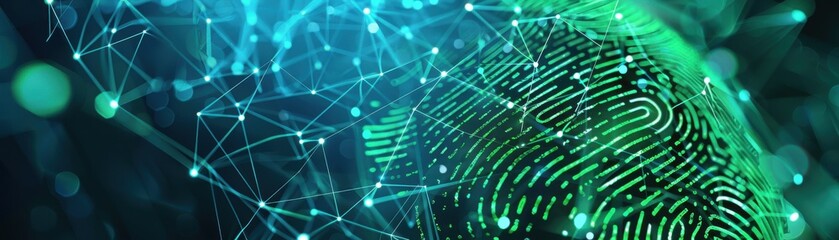 Fototapeta premium Digital analytics graph, green fingerprint scan, network connections, side view, emphasizes secure access, futuristic tone, vivid color scheme
