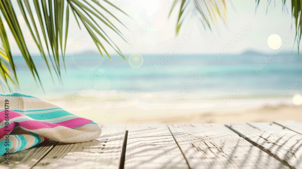 Poster sunny beachside setting with rustic wooden table for product display, featuring summer decor and sof