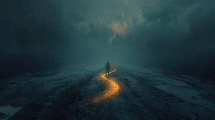 Determined Individual Standing at a Crossroads Under Cinematic Lighting: Embracing a New Path of Service with a Clear Sense of Purpose and Direction