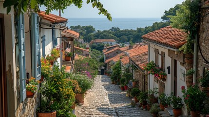 A Coastal Village Path With Vibrant Blooms and the Sea in the Distance. Generative AI