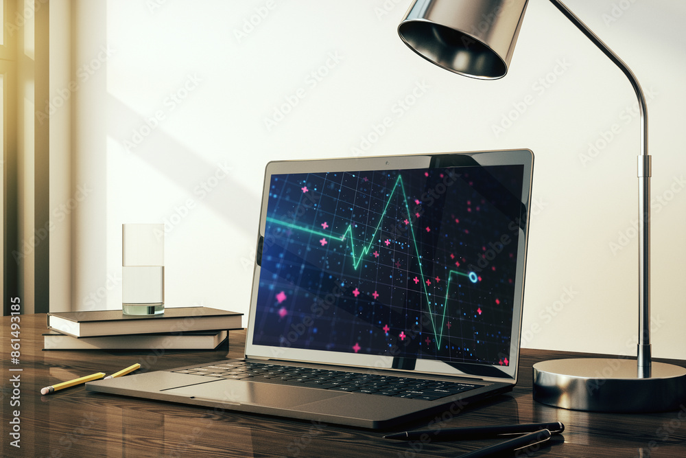 Poster creative abstract heart pulse hologram on modern computer monitor, online medical consulting concept