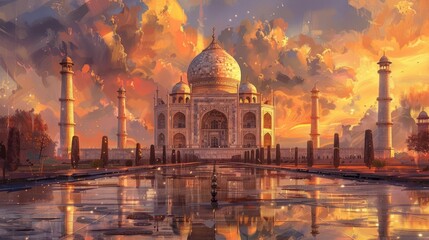 Obraz premium Low-angle view of the Taj Mahal bathed in golden sunset