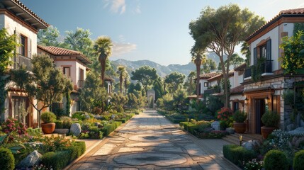 Obraz premium Mediterranean Village Street Scene With Stone Walls and Lush Greenery. Generative AI