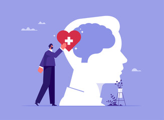 Mental health, brain development medical treatment concept, man character to set up heart to brain of human head, setting good mindset and attitude