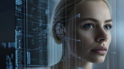 Futuristic portrait of IT specialist analysing data on transparent screen in front of her, information AI technology, cyber security concept	
