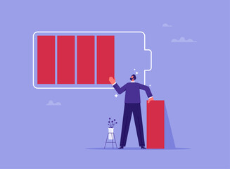 Recharge energy yourself or refresh or recover after tried concept, fight burnout at work, businessman build a high level of battery charge indicator