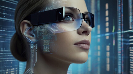 Futuristic portrait of IT specialist analysing data on transparent screen in front of her, information AI technology, cyber security concept	

