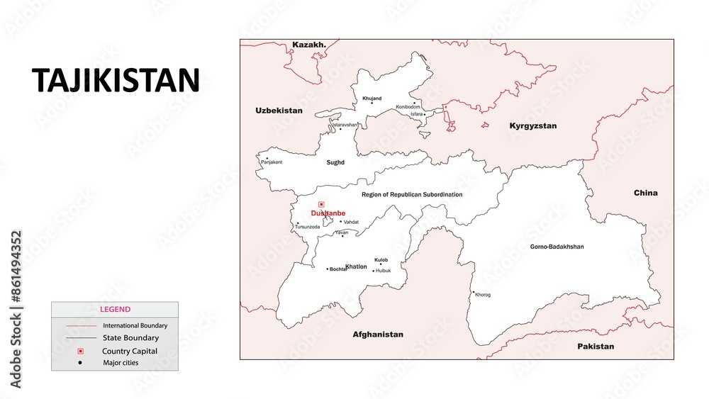 Wall mural Tajikistan Map. State map of Tajikistan. Administrative map of Tajikistan with State and capital in white color.