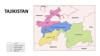 Tajikistan Map. State and union territories of Tajikistan with neighbouring countries. Political map of Tajikistan with capital and important cities in Detailed.