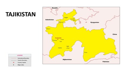 Tajikistan Map. Major cities in Tajikistan. Political map of Tajikistan with border and neighbouring countries.