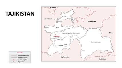 Tajikistan Map. State map of Tajikistan. Administrative map of Tajikistan with State and capital in white color.