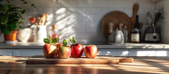 A beautifully arranged kitchen scene with fresh apples carefully placed on a cutting board, creating a picturesque setting with copy space image.