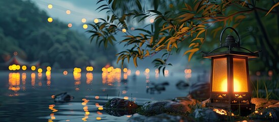 A traditional lantern memorial service for ancestors takes place by the river with a peaceful ambiance, making it a scenic event with copy space image.