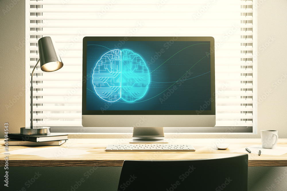 Aufkleber modern computer display with creative human brain microcircuit. future technology and ai concept. 3d