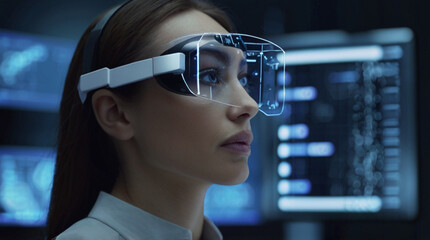 Futuristic portrait of IT specialist analysing data on transparent screen in front of her, information AI technology, cyber security concept	
