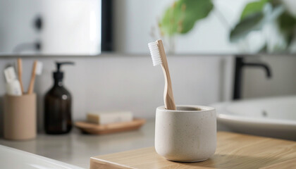 A bamboo toothbrush in a stone holder on a modern bathroom counter, representing simplicity and sustainability in everyday routines