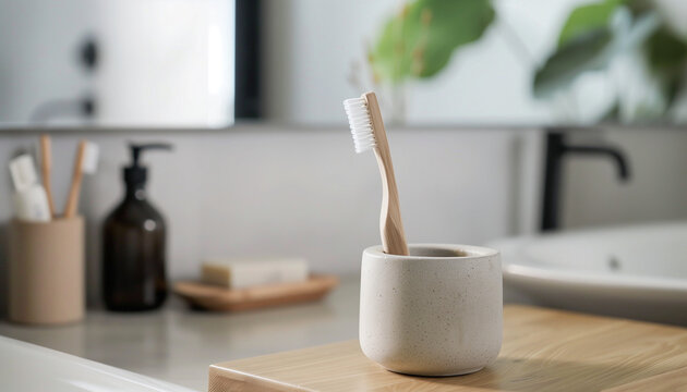 A bamboo toothbrush in a stone holder on a modern bathroom counter, representing simplicity and sustainability in everyday routines