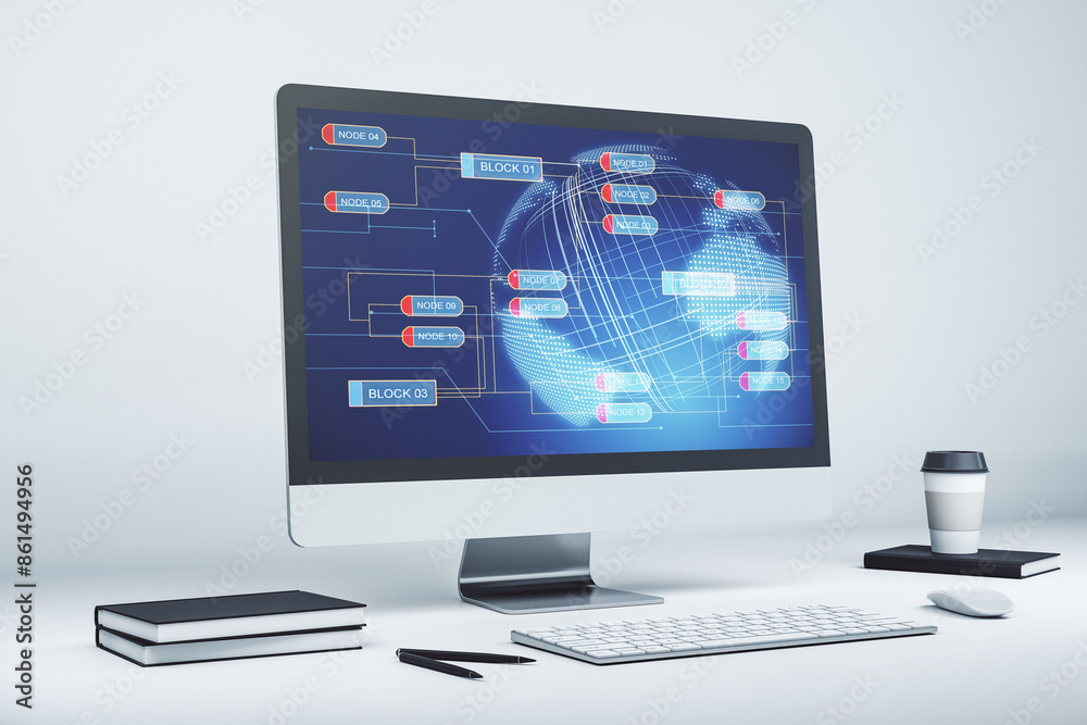 Poster Abstract creative coding illustration with world map on modern computer monitor, international software development concept. 3D Rendering