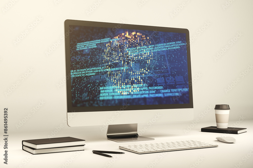 Poster Modern computer monitor with creative code skull hologram. Malware and cyber crime concept. 3D Rendering