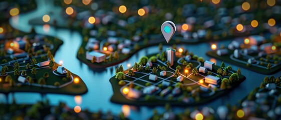 Aerial View of a Miniature City with Glowing Lights and Location Pin Over Waterways at Night