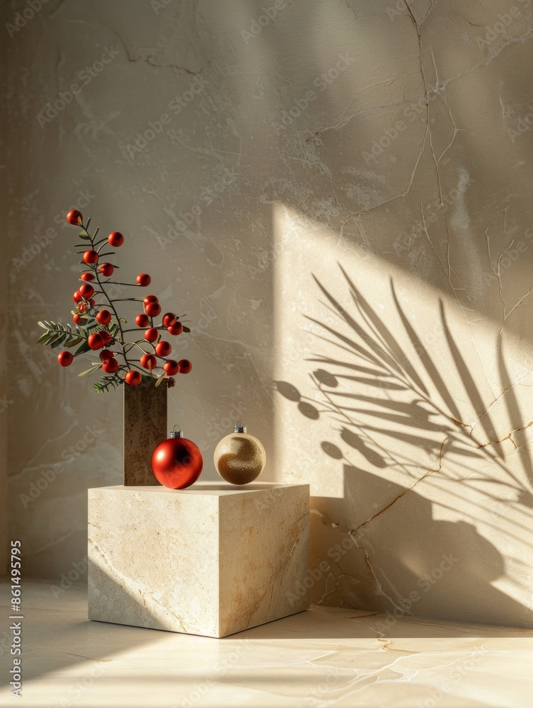 Aufkleber minimalist christmas display with shadow play on beige background featuring stone cube and festive d