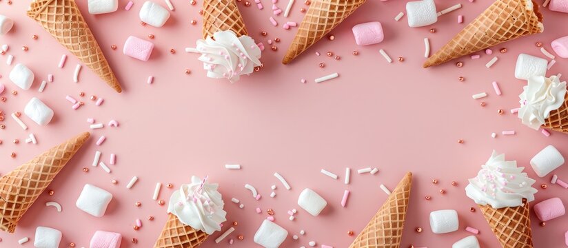 A charming Happy Birthday backdrop featuring ice cream cones, gingerbread cookies, and marshmallows on a soft pink background with a vacant area for text; seen from above in a flat layout with copy