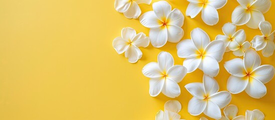 Obraz premium A flat lay of white plumeria blossoms against a yellow backdrop, showcasing a copy space image.