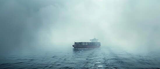 A solitary cargo ship navigates through dense fog and mist in a boundless ocean, illustrating the idea of being adrift at sea, with a backdrop featuring an area for text insertion, known as a copy