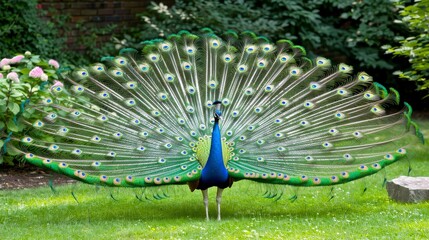 Obraz premium Vibrant close up of a peacock displaying its extended tail feathers in a stunning fan pattern