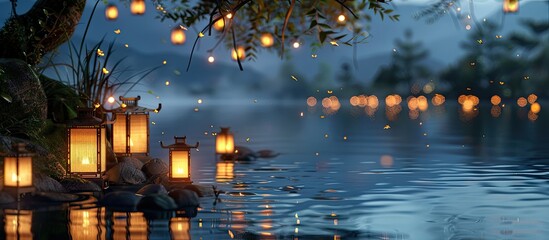 A traditional lantern memorial service for ancestors takes place by the river with a peaceful ambiance, making it a scenic event with copy space image.