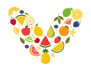 Heart Shape Filled with Fruits. Fruit Flat Collection. Summer Food Set.