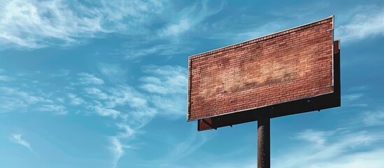 A brick sign in traffic against a blue sky background with available space for images. image with copy space