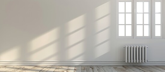 A plastic window and a radiator are displayed against a white wall in an empty room at home, providing a serene setting with a copy space image available.