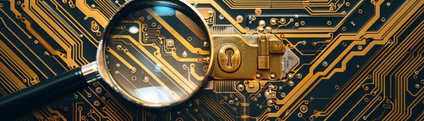 Magnifying glass, gold circuit board background, lock icon, front view, indicates encrypted inspection, advanced tone, triadic color scheme