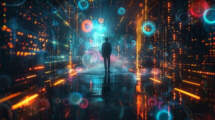 Fototapeta premium high-tech futuristic image of a businessman's silhouette in glowing virtual digital space, rear view