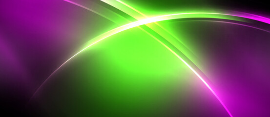 Fototapeta premium Neon glowing circle rays, light round lines in the dark, planet style neon wave lines. Energetic electric concept design for wallpaper, banner, background
