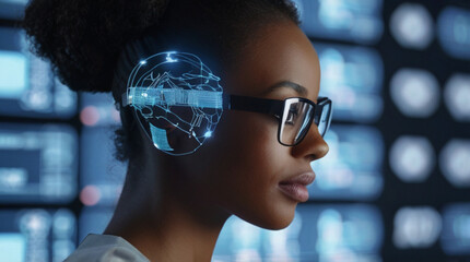 Futuristic portrait of IT specialist analysing data on transparent screen in front of her, information AI technology, cyber security concept	
